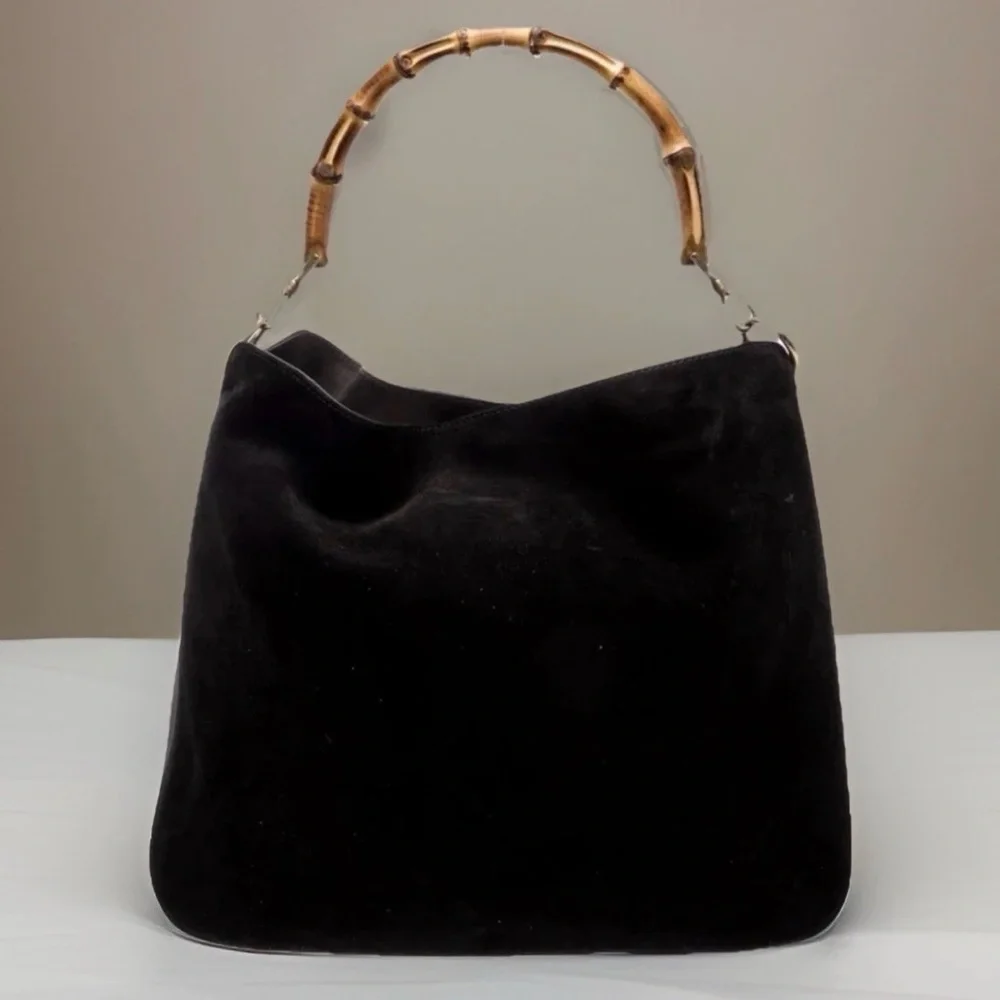 GUCCI Suede Slouchy Bohemian Lady Mob Wives Natural Bamboo Wood Handle Hobo Bag - Picture 3 of 8